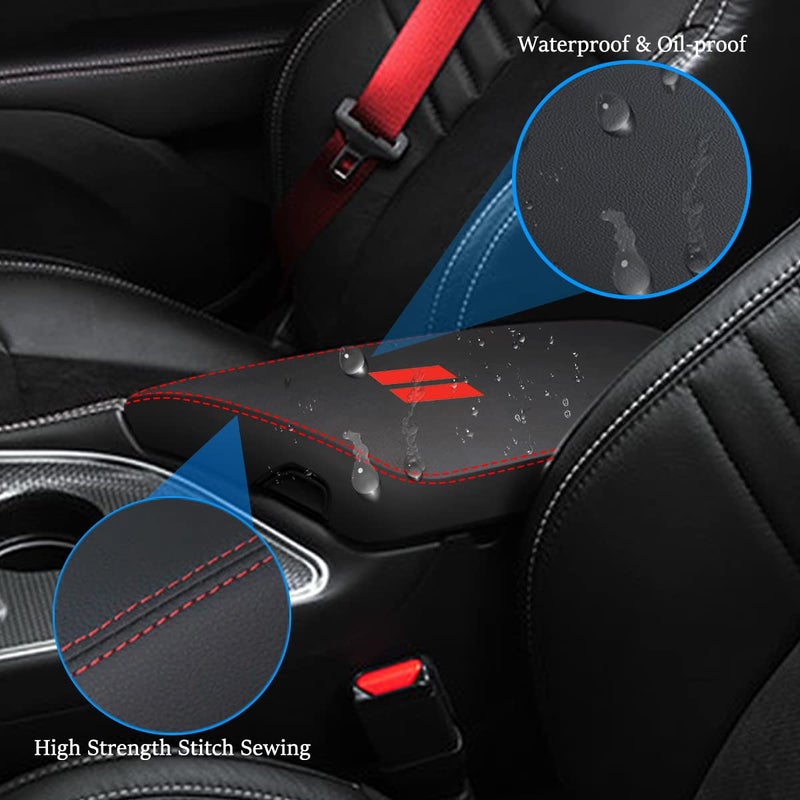 YOFAMO لـ Dodge Challenger 2015-2023 غطاء مسند ذراع السيارة مقاوم للماء وحدة التحكم المركزية يغطي غطاء صندوق مقاوم للخدش غطاء جلدي وسادة حماية ملحقات الديكور (أسود + غرز حمراء) - Image 5